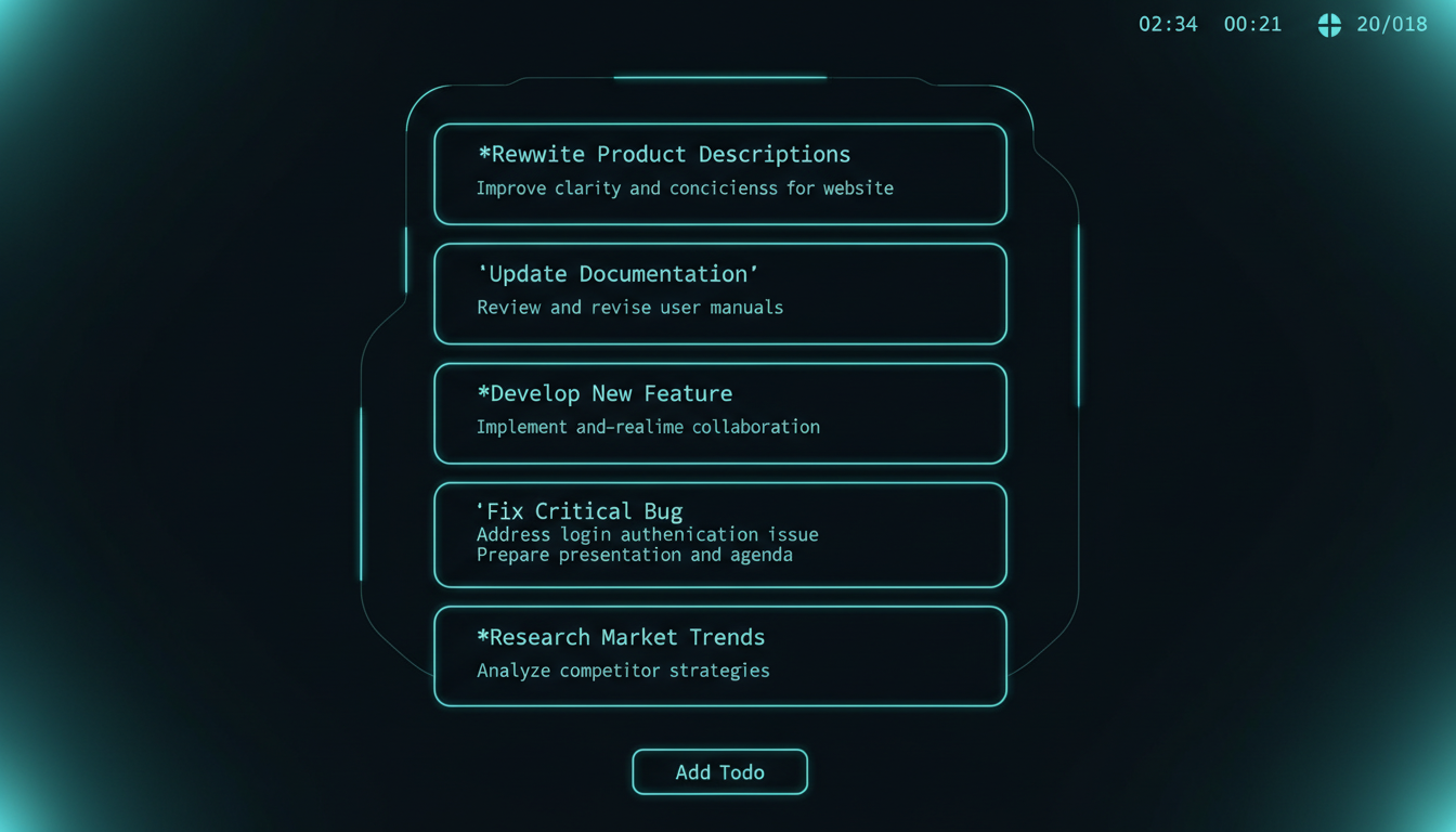 A dashboard Todo list where several rows show unrendered markdown in their titles — literal double-asterisks around words and backticks around inline code — making a polished-looking board read like raw text.
