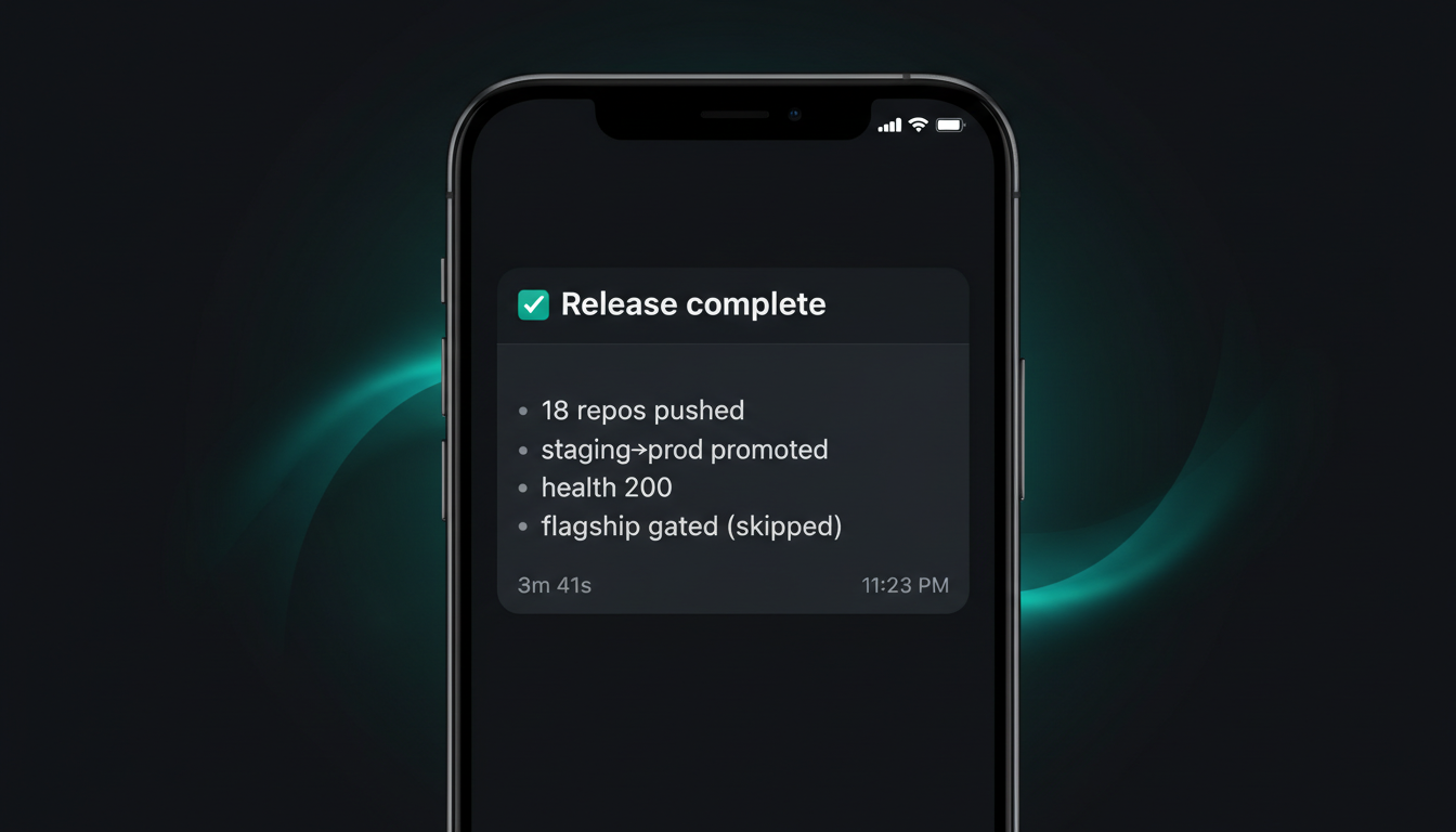 A Telegram summary message: '✅ Release complete — 18 repos pushed, staging→prod promoted, health 200, flagship gated', with a duration and timestamp.