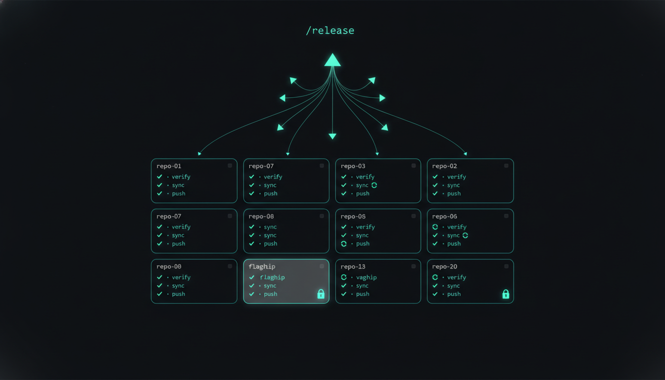A single terminal command, /release, at the top of the screen with a teal glow, fanning out into a grid of ~20 anonymized repo tiles (repo-01 … repo-20). Each tile shows a tiny checklist of steps — verify, sync, push — most already ticked green, a couple mid-run. The layout reads as one command orchestrating a whole workspace at once.