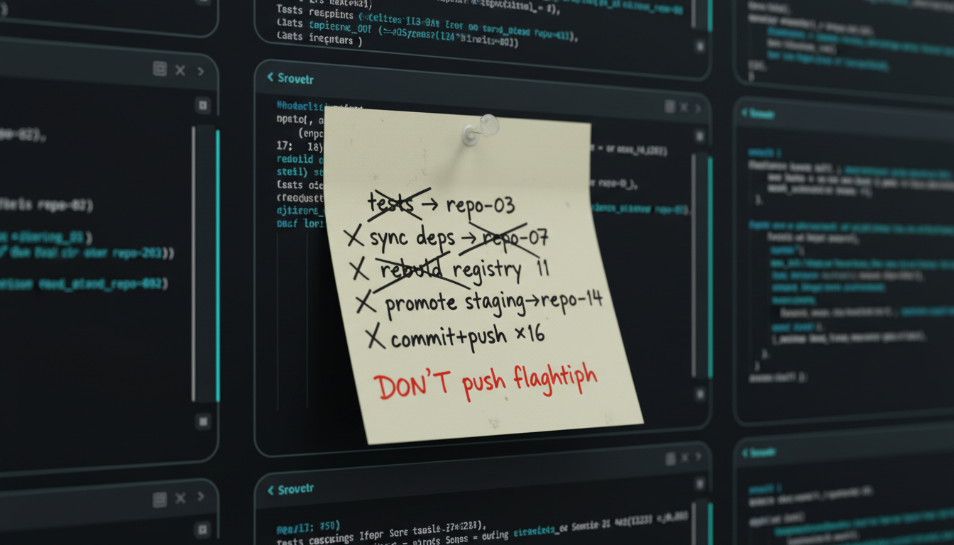 A messy, hand-annotated release checklist pinned over a wall of terminal tabs: 'run tests → repo-03', 'sync deps → repo-07', 'rebuild registry → repo-11', 'promote staging→prod → repo-14', 'commit+push × 16', and a red scrawled 'DON'T push flagship'. Several items crossed out, the ordering visibly fragile — the by-hand release ritual.