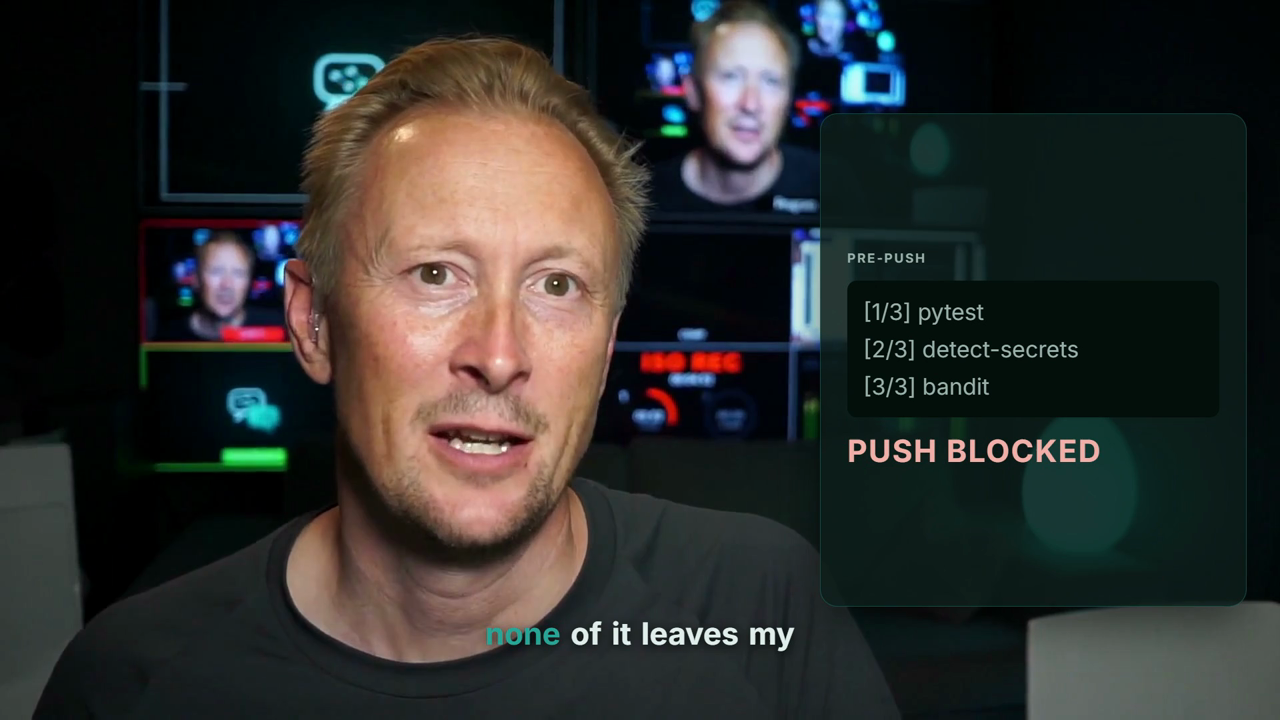 A talking-head frame with a terminal-styled card showing the three checks and a PUSH BLOCKED verdict